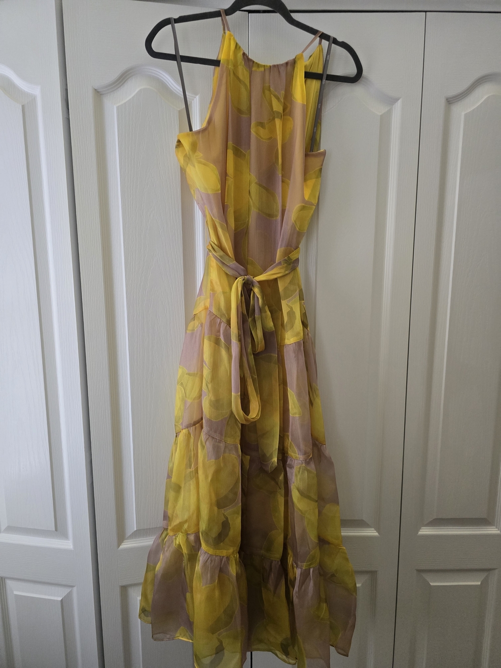 BCBG Yellow and Mauve Floral Maxi Dress with Waist Tie